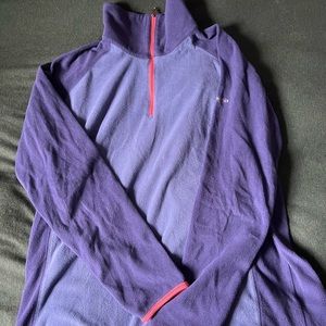 Columbia pullover, blue with accents of orange along sleeves and neckline.